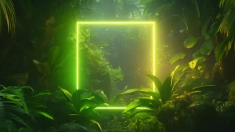 Vertical rectangular green neon frame in the middle of lush green jungle ve.. Vídeos de archivo 273953129