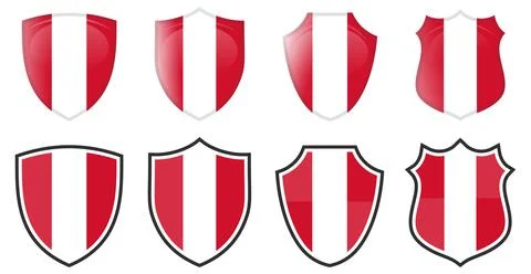 Vertical red and white Austria flag in shield shape, four 3d and simple versi Stock Illustration