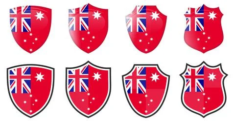 Vertical Red Australia flag in shield shape, four 3d and simple versions. Aus Ilustración de archivo