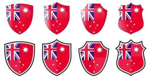 Vertical Red Australia flag in shield shape, four 3d and simple versions. ... Stock Photos