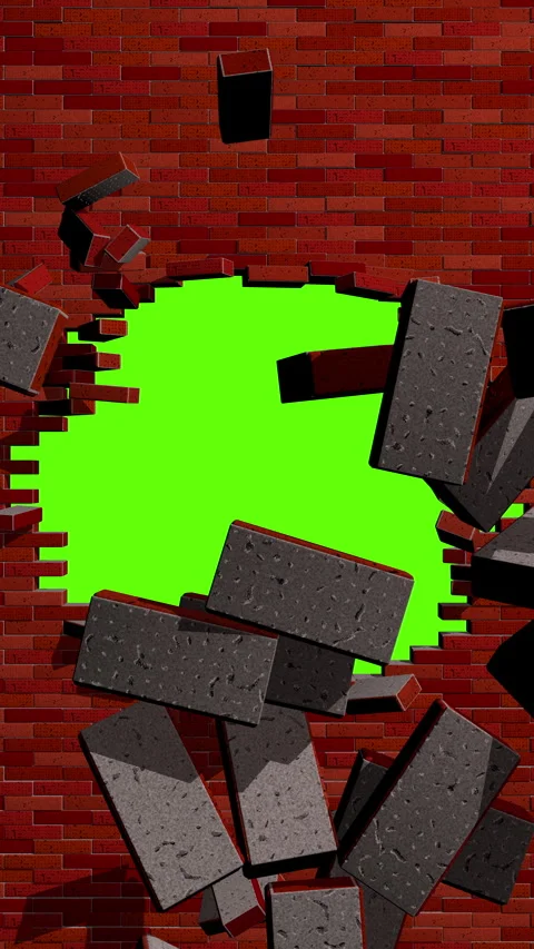 Vertical red brick wall explodes and leaves a round hole in the middle against g Stock Footage 270997037
