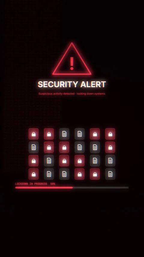 Vertical red security alert locking down a grid of file icons with RGB glit.. Vídeo Stock 346965508