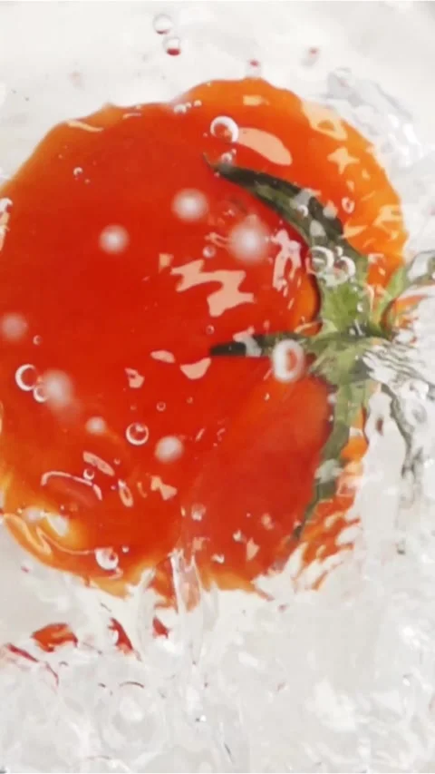 Vertical of Red tomato falling and plunging in water Stock Footage 305518502