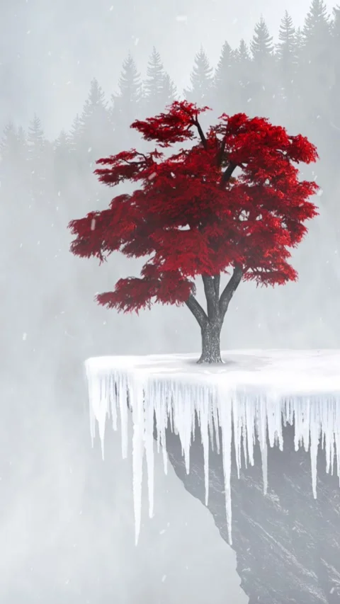 Vertical Red Tree on Mountain in Winter 4K Loop Stock Footage 306470292