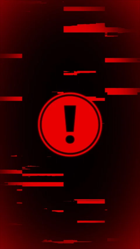 Vertical red warning sign seamless loop animation with abstract glitch blocks. Stock Footage 337003778