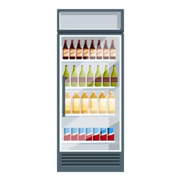 Vertical refrigerator showcasing various bottled beers, wines, juices, and ca Stock Illustration