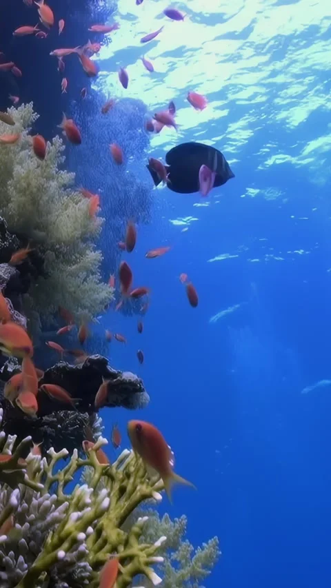 Vertical relaxing video about dance of tiny orange fish in underwater corals. Video stock 260825128