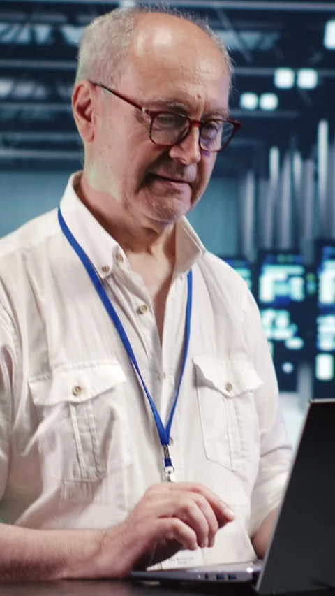 Vertical Repairman optimizing data center Stock Footage 247622164