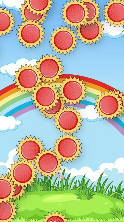 Vertical Retro Animation of Falling Sun Icons Over Rainbow Landscape Stock Footage 342119279
