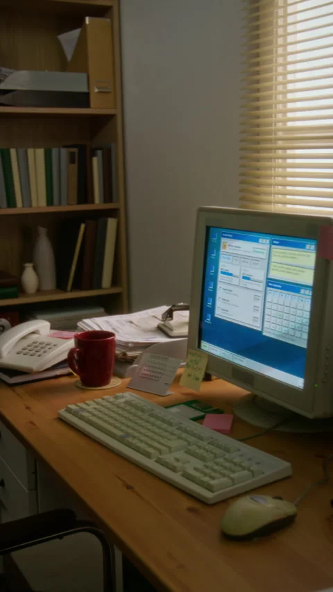 Vertical of Retro Desktop Computer Displaying Old Software on Office Desk Stock Footage 341430505