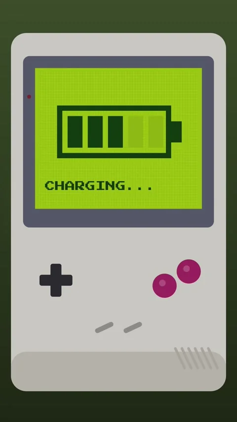 Vertical retro LCD pixel battery charging five bars on a handheld console screen Vídeo Stock 348618005