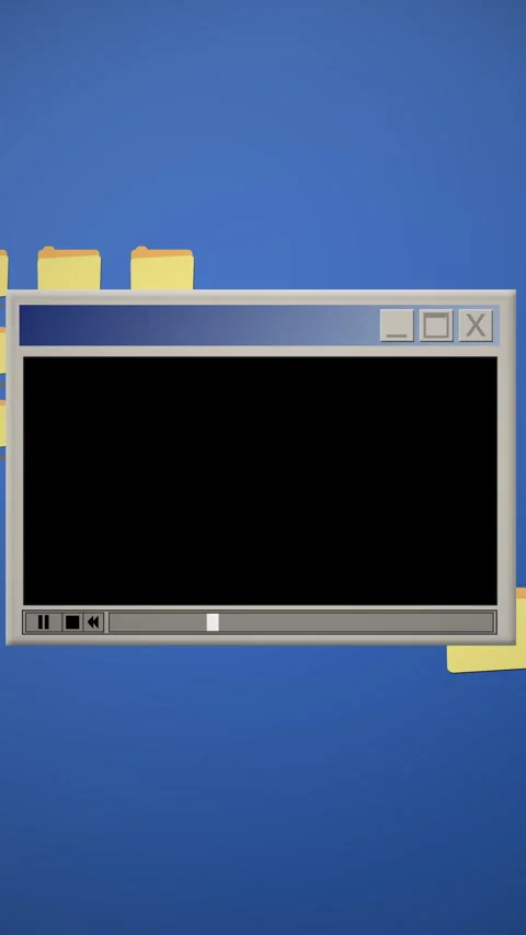 Vertical retro media player window with blank screen and folder icons on a blue Stock Footage 338357999