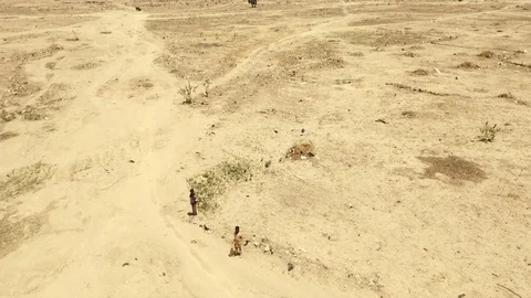 Vertical rising shot of two boys in a desertic area Stock Footage 80365553