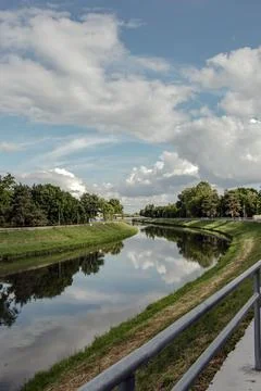 Vertical River Landscape with Cloudy Sky Stock Photos