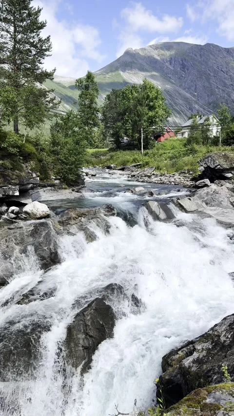Vertical river with waterfall and rocky landscape 库存影片 340238166
