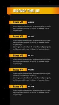 Vertical roadmap milestones on black background. Timeline infographic template Stock Illustration