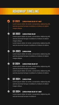 Vertical roadmap milestones on black background. Timeline infographic. Stock Illustration