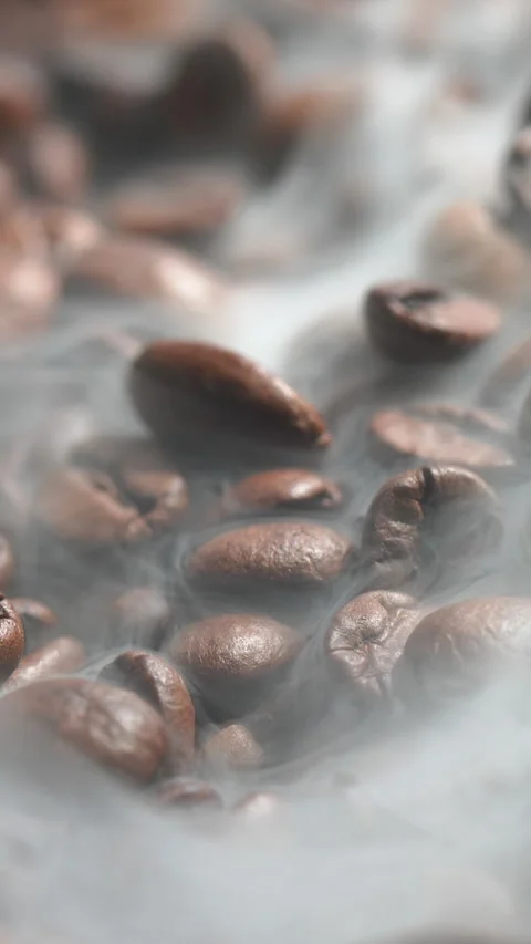 Vertical roasted coffee beans or seeds background with white smoke texture Stock Footage 307510931