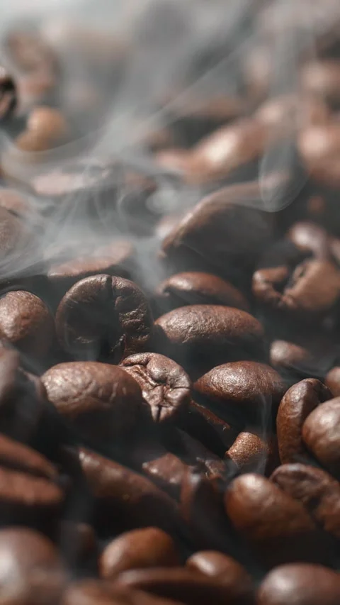 Vertical roasted coffee beans or seeds background with white smoke texture Stock Footage 311971336