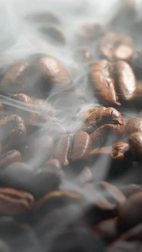 Vertical roasted coffee beans or seeds background with white smoke texture Stock Footage 313255828