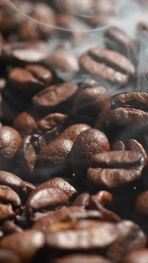 Vertical roasted coffee beans or seeds background with white smoke texture Stock Footage 314034481