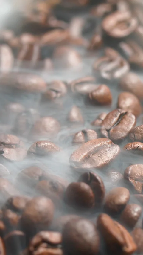 Vertical roasted coffee beans or seeds background with white smoke texture Stock Footage 314415819