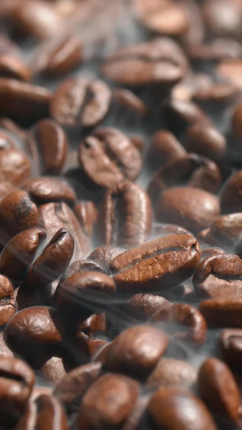 Vertical roasted coffee beans or seeds background with white smoke texture Stock Footage 315267846