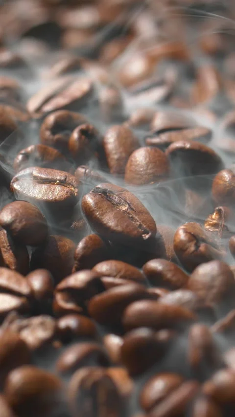 Vertical roasted coffee beans or seeds background with white smoke texture Stock Footage 315735624