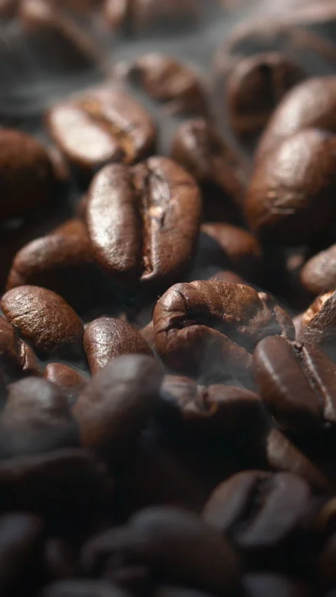 Vertical roasted coffee beans or seeds background with white smoke texture Stock Footage 316875159