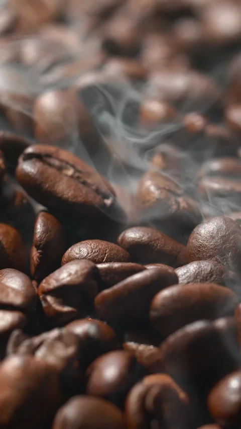 Vertical roasted coffee beans or seeds background with white smoke texture Stock Footage 317367152