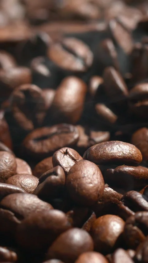 Vertical roasted coffee beans or seeds background with white smoke texture Stock Footage 318275839