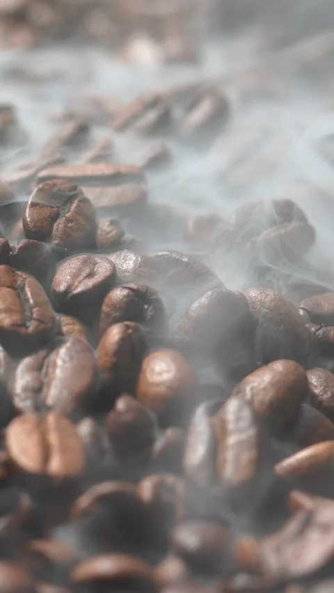 Vertical roasted coffee beans or seeds background with white smoke texture Stock Footage 320219650