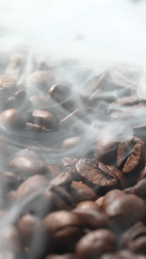 Vertical roasted coffee beans or seeds background with white smoke texture Stock Footage 320666834
