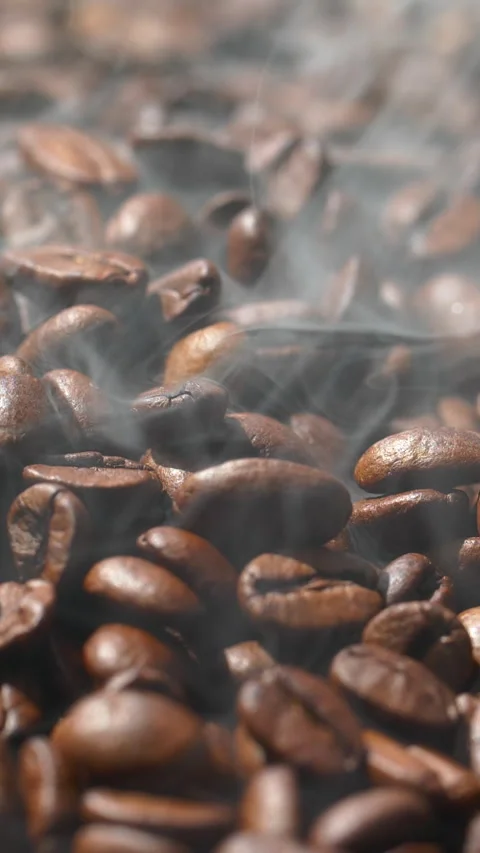 Vertical roasted coffee beans or seeds background with white smoke texture Stock Footage 321928240