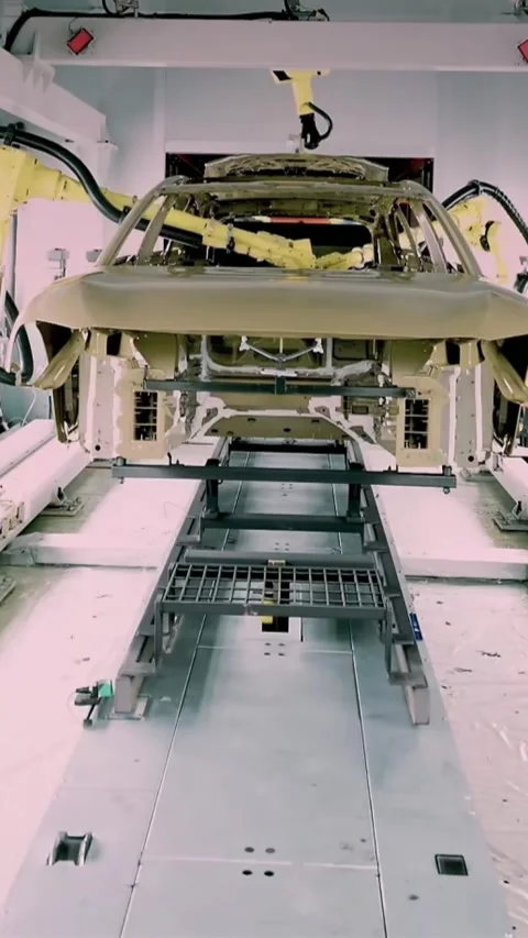 Vertical Robotic Arms Assembling Car Chassis in Modern Automated Factory 库存影片 332961023