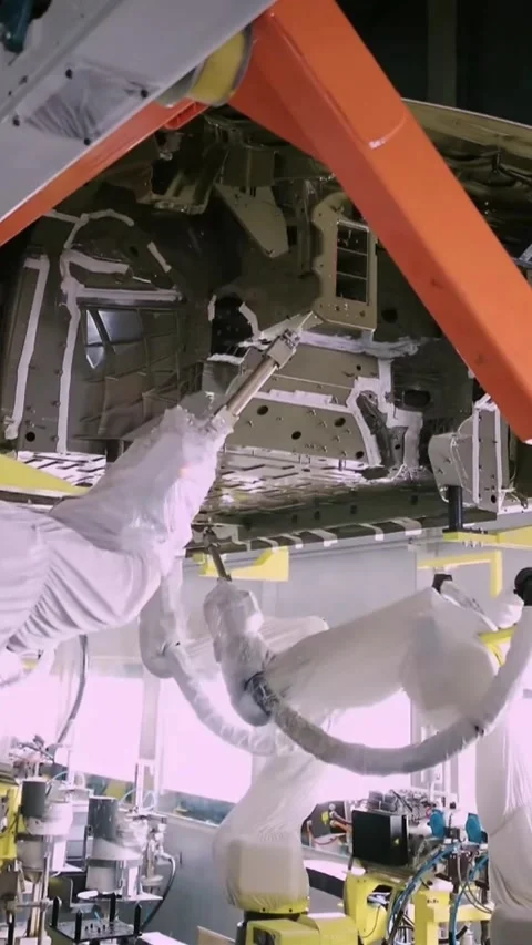 Vertical Robotic Arms with Protective Covers Working on Car Chassis Stock-Footage 332961829