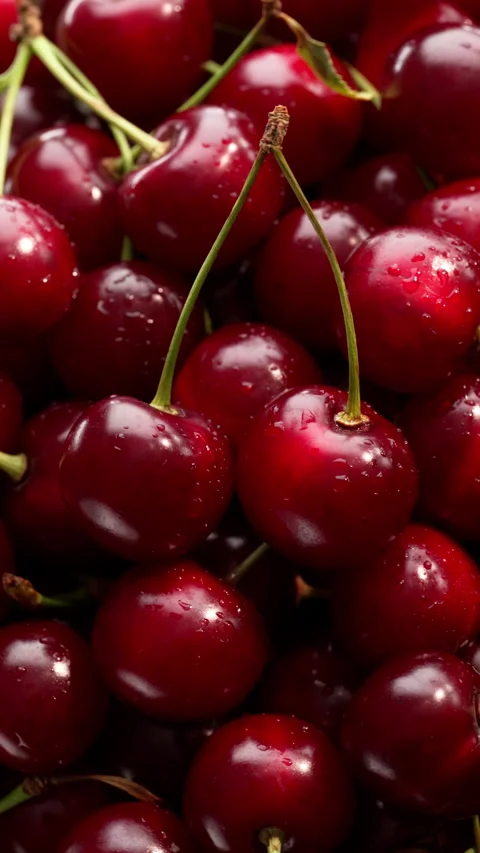 Vertical rotating cherries with glossy droplets. Vídeos de archivo 328985829