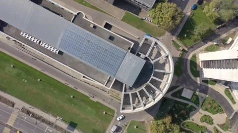 Vertical rotating drone ascent above MGIMO roof Stock Footage 324545261