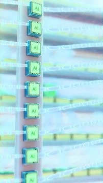 Vertical row of futuristic AI microchips with glowing labels connected by l.. Stock Illustration