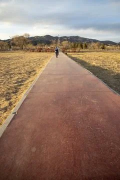 Vertical Rural Path Through Dry Autumn Field Under Blue Sky Stock Photos