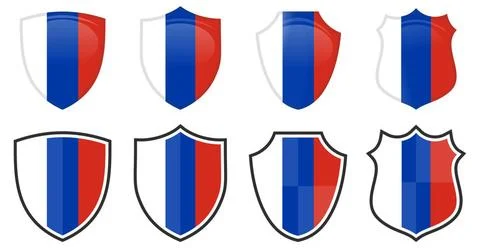 Vertical Russian flag in shield shape, four 3d and simple versions. Russia... Stock Photos