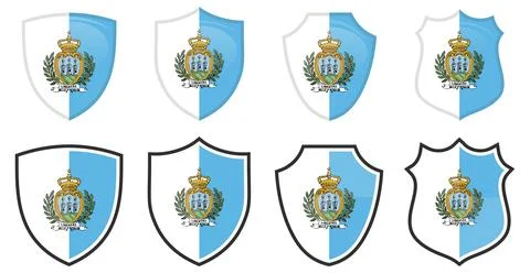 Vertical San Marino flag in shield shape, four 3d and simple versions. Ilustración de archivo