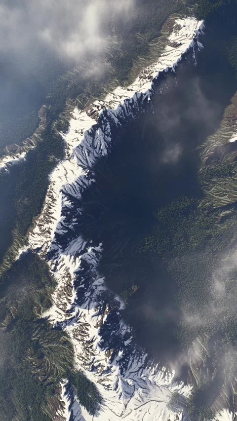 Vertical satellite view of snowy mountain range with dark shadows and clouds Stock Footage 338229867