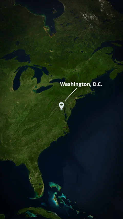 Vertical satellite zoom to Washington, D.C., United States with a location pin. Stock Footage 340210074