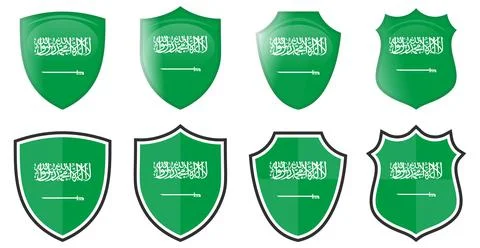 Vertical Saudi Arabia flag in shield shape, four 3d and simple versions. Ilustración de archivo