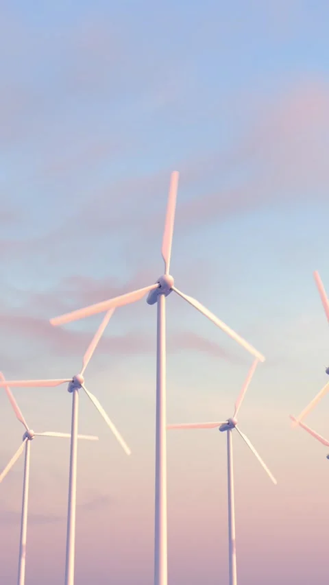 A vertical scene of modern wind turbines gently rotating at sunset in a rea.. Video stock 310250611
