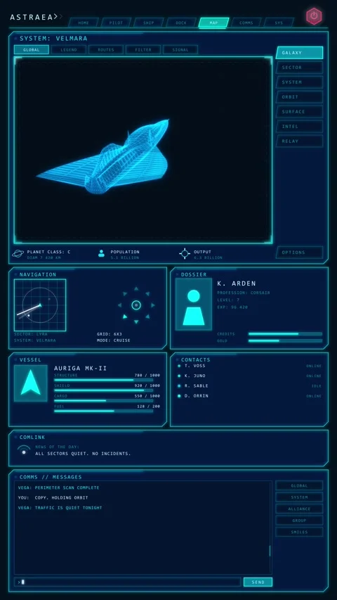 Vertical Sci-Fi HUD Interface with Rotating 3D Wireframe Spaceship Stock Footage 341677107