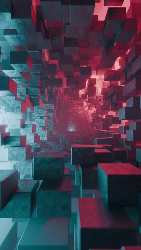Vertical Sci-Fi Seamless Tunnel Made Of Stone Cubes With Red And Blue Light Stock Footage 261999245