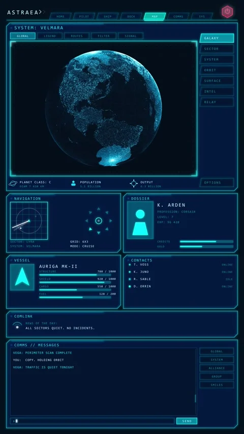 Vertical Sci-Fi Spaceship HUD Interface with Holographic Planet Stock Footage 341677136