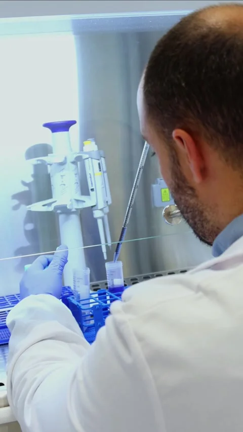 Vertical Scientist analyzing samples in sterile laboratory environment Stock Footage 296886347